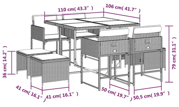 9dílný zahradní jídelní set s poduškami černý polyratan 3211315