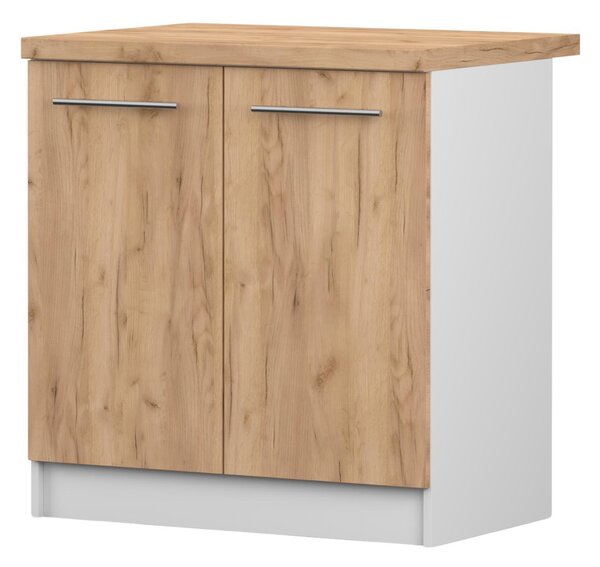 Spodní skříňka INEZ II, kuchyň, dvoudveřová kuchyňská skříňka 80 cm, bílá/dub Craft Gold, se dvěma křídlovými dvířky a stříbrnými kovovými úchytkami