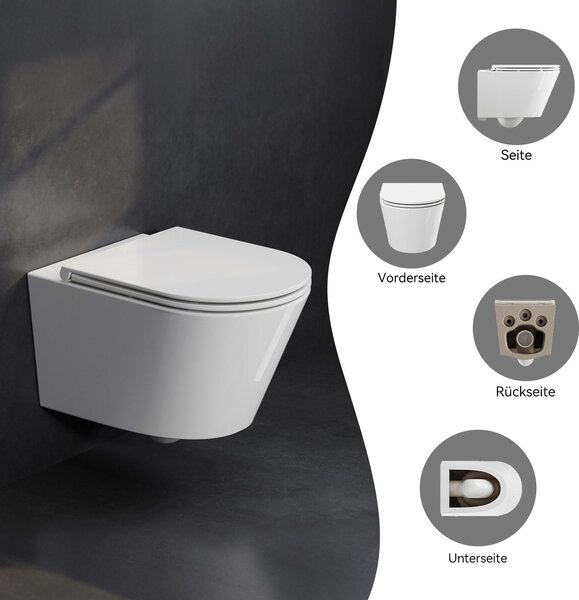Závěsné WC HOROW bezokrajové – mísa s jedním odtokovým otvorem a splachovacím systémem Superspin, včetně sedátka s funkcí Softclose – 525 x 358 x 360 mm