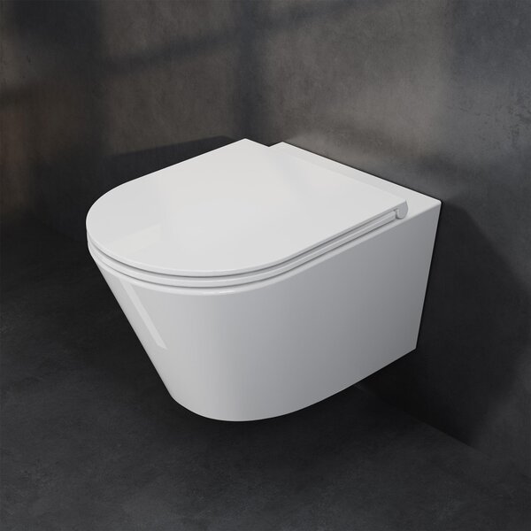 Závěsné WC HOROW bezokrajové – mísa s jedním odtokovým otvorem a splachovacím systémem Superspin, včetně sedátka s funkcí Softclose – 525 x 358 x 360 mm