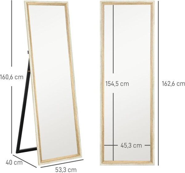 Fortuna Lai Celotělové zrcadlo, 162,6 x 53,5 cm Stojanové zrcadlo se stojanem, nástěnné zrcadlo do obývacího pokoje, ložnice, šatny Bílá + přírodní dřevo