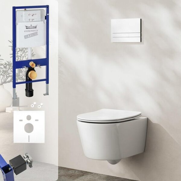 Kronenbach, závěsné WC s keramickou stěnou, kompaktní provedení, bez splachovacího okraje, kompletní sada, úzký design