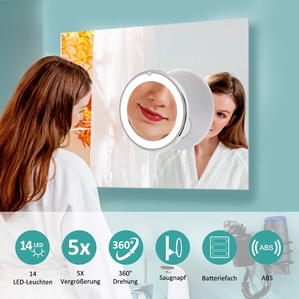EMKE ф17,5 cm LED kosmetické zrcátko Kosmetické zrcátko otočné o 360° s přísavkou a 5x zvětšujícím zrcátkem