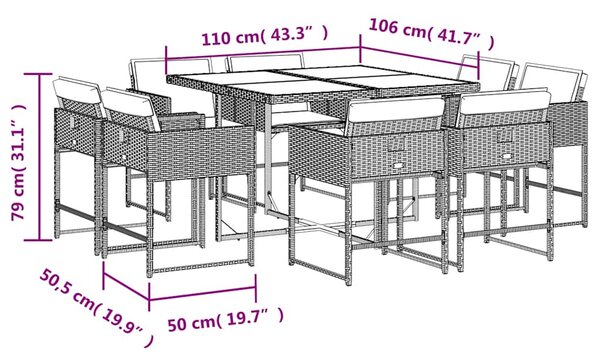 9dílný zahradní jídelní set s poduškami černý polyratan 3211375
