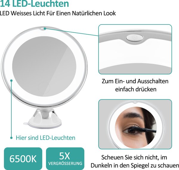 EMKE ф17,5 cm LED kosmetické zrcátko Kosmetické zrcátko otočné o 360° s přísavkou a 5x zvětšujícím zrcátkem