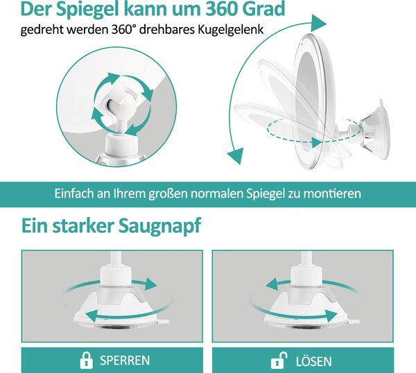EMKE ф17,5 cm LED kosmetické zrcátko Kosmetické zrcátko otočné o 360° s přísavkou a 5x zvětšujícím zrcátkem