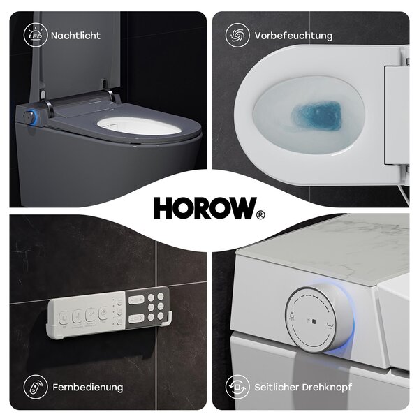 HOROW Inteligentní sprchový klozet bez ráfku, vyhřívaný bidet, elektrický klozet, japonské WC, sušení teplým vzduchem, péče o ženy, noční světlo