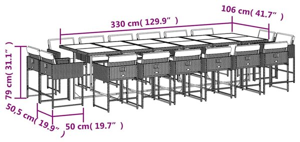 17dílný zahradní jídelní set s poduškami hnědý polyratan 3211425