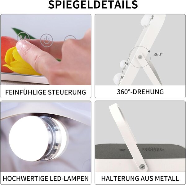 Fine Life Pro led kosmetické zrcátko s Bluetooth, kosmetické zrcátko se 4 nastavitelnými LED světly, 22 x 25 cm, dotykové ovládání