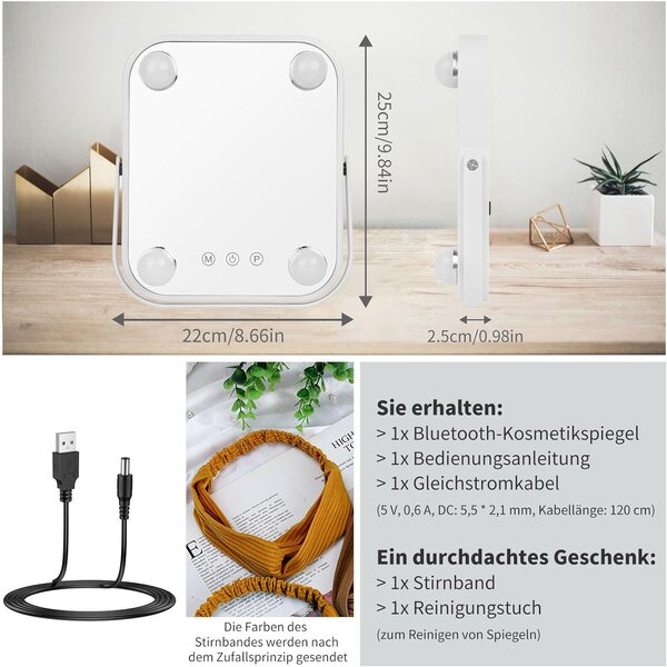 Fine Life Pro led kosmetické zrcátko s Bluetooth, kosmetické zrcátko se 4 nastavitelnými LED světly, 22 x 25 cm, dotykové ovládání