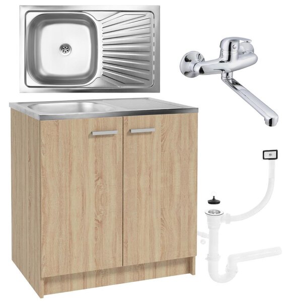 Stamar | Kuchyňská skříňka, s dřezem, 80 cm, dub Sonoma, s baterií a sifonem