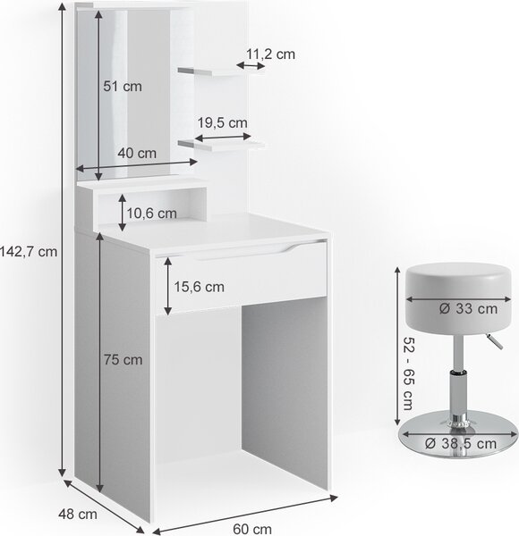 Toaletní stolek Vicco Ruben Bílá 60 cm s taburetem, Model 34610