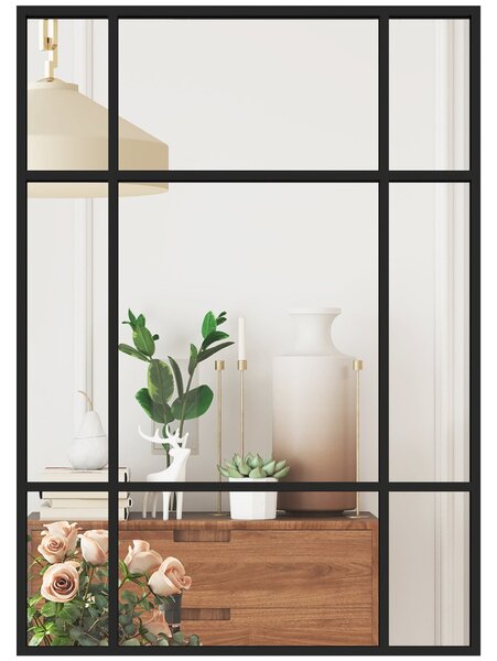 HOMCOM obdélné nástěnné zrcadlo 70 × 50 cm — černý kovový rám ve stylu okna, dekorativní zrcadlo do obýváku, ložnice a předsíně | Aosom