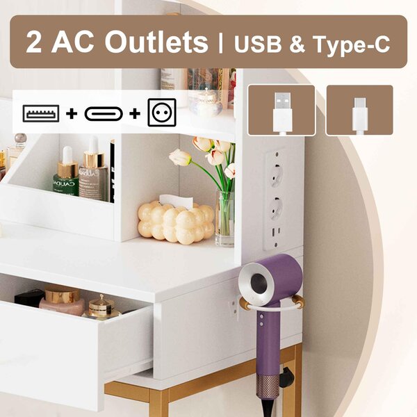 Toaletní stolek Zimilo s LED zrcadlem, zásuvkami a USB, stoličkou, 2 zásuvkami, zlatými kovovými nohami, sada toaletního stolku, 80 × 138,5 × 40 cm, bílý