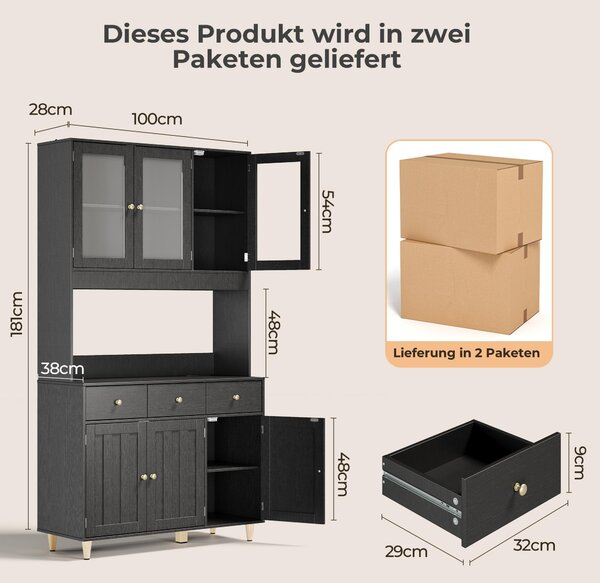 Kuchyňská skříň BEALIFE, rozměry 100x38x180 cm, se skleněnými dvířky a pracovní deskou | Obsahuje zásuvku a LED osvětlení | Vhodná do kuchyně i jídelny | Černá barva | Model: AP05