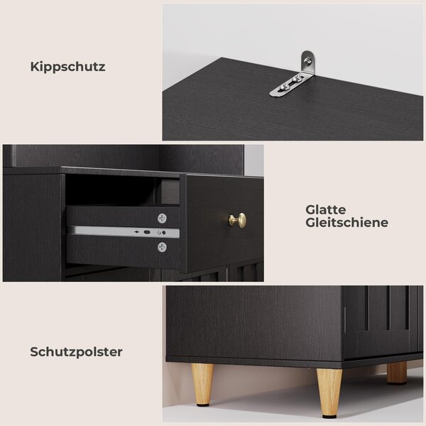 Kuchyňská skříň BEALIFE, rozměry 100x38x180 cm, se skleněnými dvířky a pracovní deskou | Obsahuje zásuvku a LED osvětlení | Vhodná do kuchyně i jídelny | Černá barva | Model: AP05