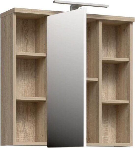 Zrcadlová skříňka s LED osvětlením, 68,6 x 20 x 68 cm, Imitace dub, koupelnová skříňka s dvířky a výklenkem