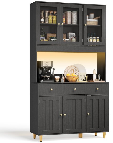 Kuchyňská skříň BEALIFE, rozměry 100x38x180 cm, se skleněnými dvířky a pracovní deskou | Obsahuje zásuvku a LED osvětlení | Vhodná do kuchyně i jídelny | Černá barva | Model: AP05