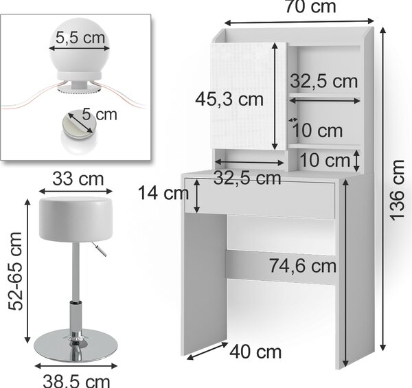 Toaletní stolek Vicco Laura Bílá 70 cm s LED osvětlením a taburetem, Model 38282
