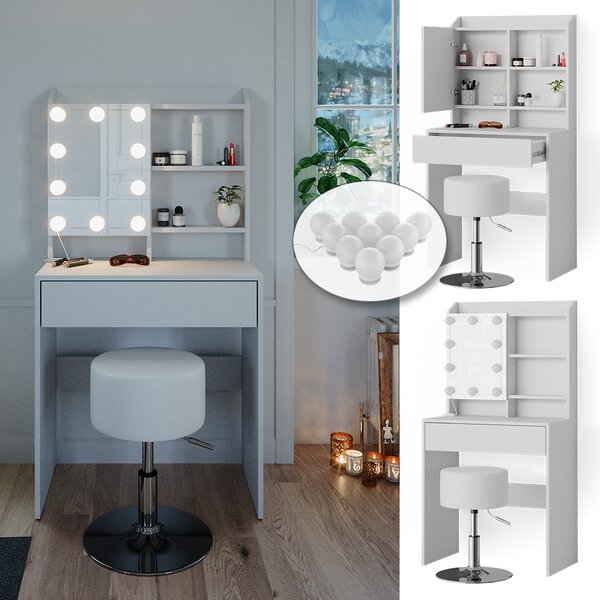 Toaletní stolek Vicco Laura Bílá 70 cm s LED osvětlením a taburetem, Model 38282
