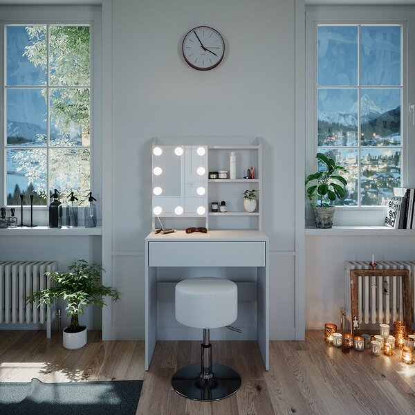 Toaletní stolek Vicco Laura Bílá 70 cm s LED osvětlením a taburetem, Model 38282