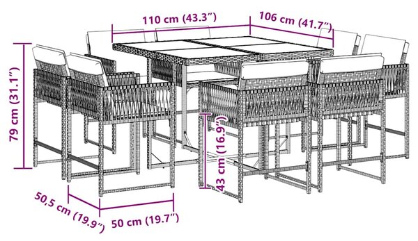 9dílný zahradní jídelní set s poduškami černý polyratan 3211563