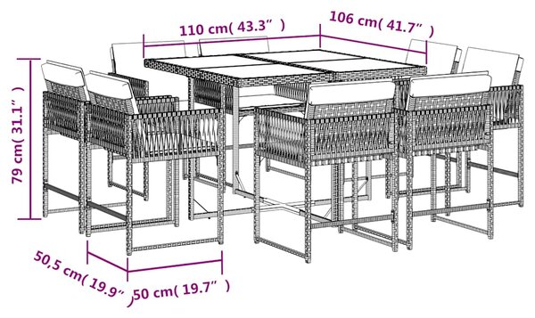9dílný zahradní jídelní set s poduškami hnědý polyratan 3211557
