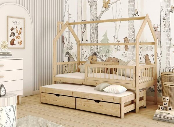 Dětská domečková postel s přistýlkou a šuplíky PIPER - 200x90 cm - přírodní borovice