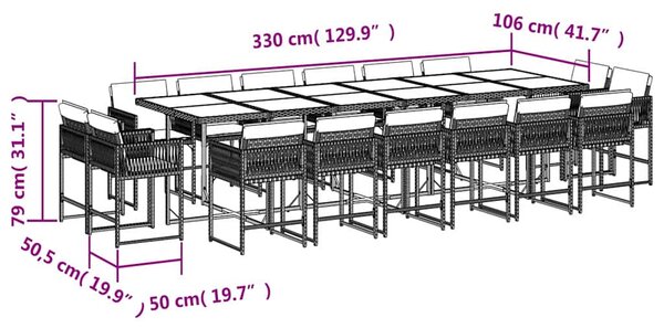 17dílný zahradní jídelní set s poduškami šedý polyratan 3211604