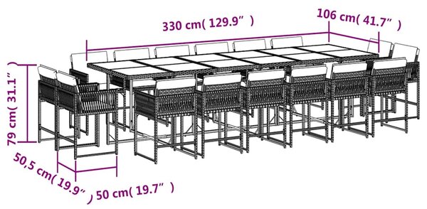 17dílný zahradní jídelní set s poduškami hnědý polyratan 3211605