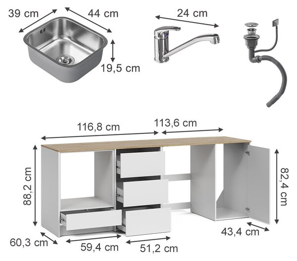 Spodní skříňka kuchyňské linky Vicco Viktor Bílá/Řemeslný dub s dřezem a kohoutkem, Model 63448