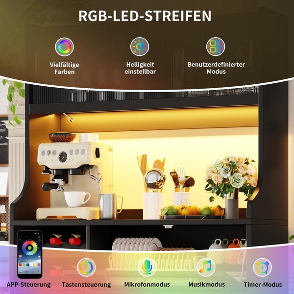 Skříňka do kuchyně značky Flieks s RGB LED osvětlením ovládaným aplikací, kuchyňské skříňky se skleněnými posuvnými dveřmi, regál na víno s výklopnými dvířky, komoda, černá barva