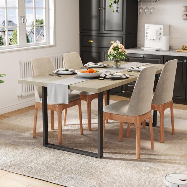 Dřevěný kuchyňský jídelní stůl Fortuna Lai 160 × 80 cm, jídelní stůl v industriálním stylu pro 6–8 osob, s robustní kovovou konstrukcí a světlým povrchem. Robustní, stabilní, odolný proti vodě a poškrábání