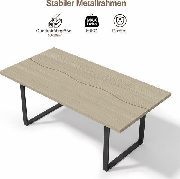 Dřevěný kuchyňský jídelní stůl Fortuna Lai 160 × 80 cm, jídelní stůl v industriálním stylu pro 6–8 osob, s robustní kovovou konstrukcí a světlým povrchem. Robustní, stabilní, odolný proti vodě a poškrábání