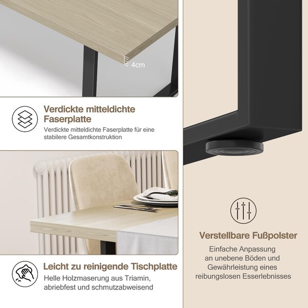 Dřevěný kuchyňský jídelní stůl Fortuna Lai 160 × 80 cm, jídelní stůl v industriálním stylu pro 6–8 osob, s robustní kovovou konstrukcí a světlým povrchem. Robustní, stabilní, odolný proti vodě a poškrábání