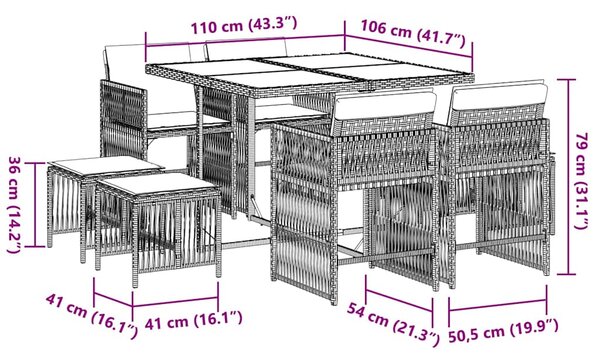 9dílný zahradní jídelní set s poduškami černý polyratan 3211675