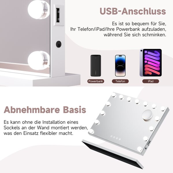 Zrcadlo na líčení SONNI 58x45cm, zrcadlo na líčení se 3 barvami světla, nastavitelný jas, s USB a Bluetooth, 10x zvětšení, nástěnné zrcadlo, bílé provedení