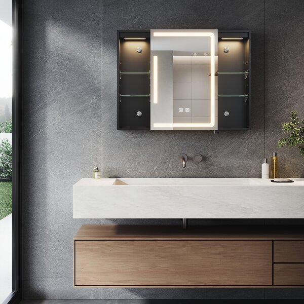 SONNI Jednodveřová zrcadlová skříňka 80x60x13cm s dvojitým dotykovým spínačem Nastavitelné světlo a tma Tři barevné teploty s funkcí proti zamlžení
