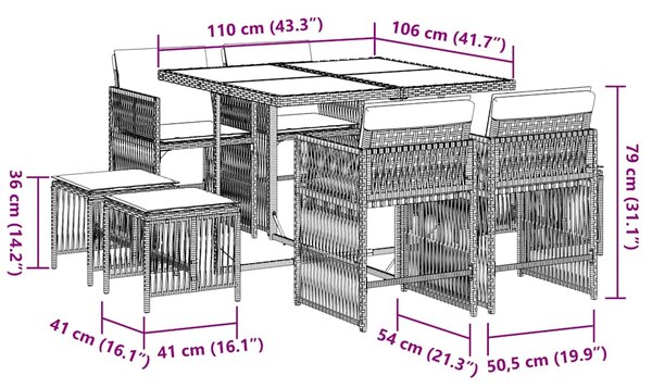 9dílný zahradní jídelní set s poduškami hnědý polyratan 3211677