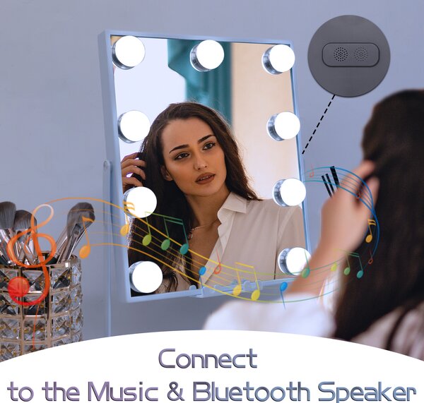 VANITII Make-up zrcadlo s osvětlením 25 x 30 cm LED osvětlení 9 stmívačů 3 barevné režimy Bluetooth make-up zrcadlo otočné o 360° pro toaletní stolek