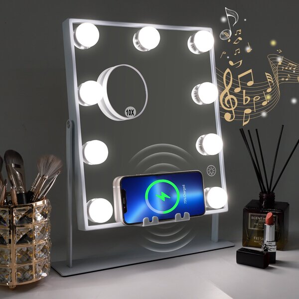 VANITII Make-up zrcadlo s osvětlením 25 x 30 cm LED osvětlení 9 stmívačů 3 barevné režimy Bluetooth make-up zrcadlo otočné o 360° pro toaletní stolek