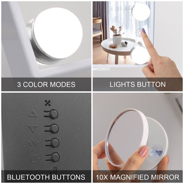 VANITII Make-up zrcadlo s osvětlením 25 x 30 cm LED osvětlení 9 stmívačů 3 barevné režimy Bluetooth make-up zrcadlo otočné o 360° pro toaletní stolek