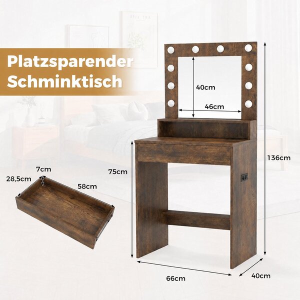 Kosmetický stolek COSTWAY s LED osvětlením, nabíjecí stanicí, zrcadlem, zásuvkou a otevřenou policí, hnědý, rozměry 66x40x136 cm. Intenzita osvětlení je nastavitelná