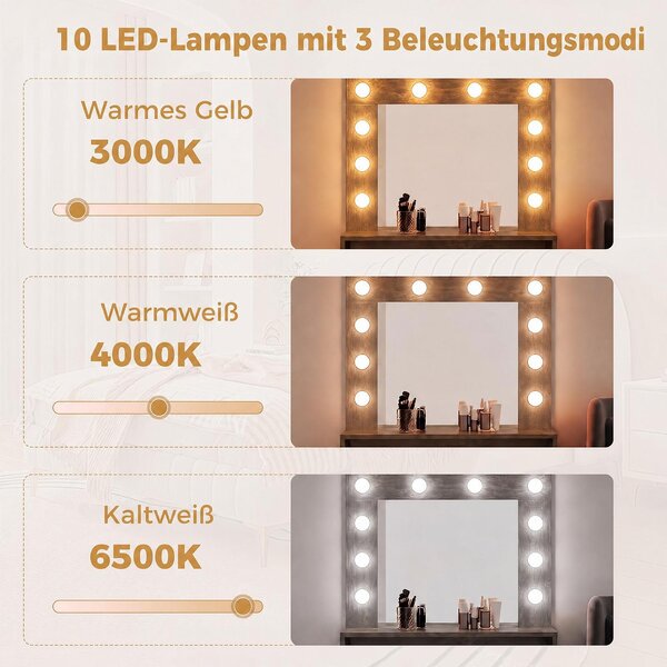 Kosmetický stolek COSTWAY s LED osvětlením, nabíjecí stanicí, zrcadlem, zásuvkou a otevřenou policí, hnědý, rozměry 66x40x136 cm. Intenzita osvětlení je nastavitelná