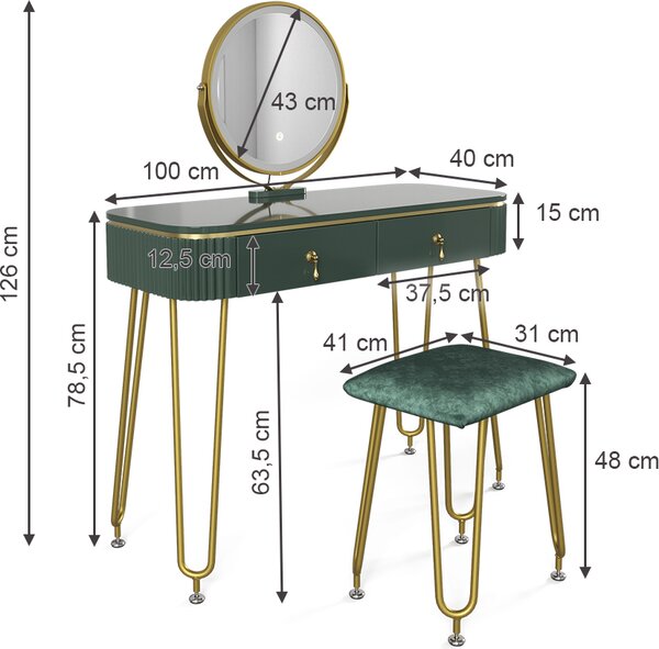 Toaletní stolek Vicco Grace Tmavě zelená vysoký lesk 100 cm s LED osvětlením a taburetem, Model 39571