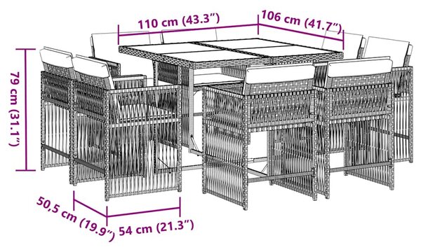 9dílný zahradní jídelní set s poduškami hnědý polyratan 3211737
