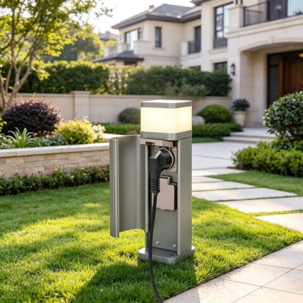 BRILAGI - Venkovní lampa se 2 zásuvkami SCHUKO PILLAR 1xG9/11W/230V IP44 šedá