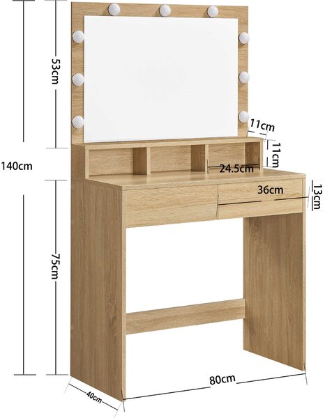 ModernHome Toaletní stolek Sonoma s LED osvětlením, zrcadlem a zásuvkami, dub
