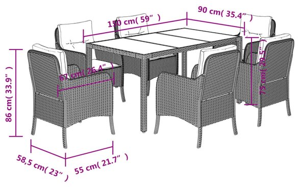 7dílný zahradní jídelní set s poduškami černý polyratan 3211851