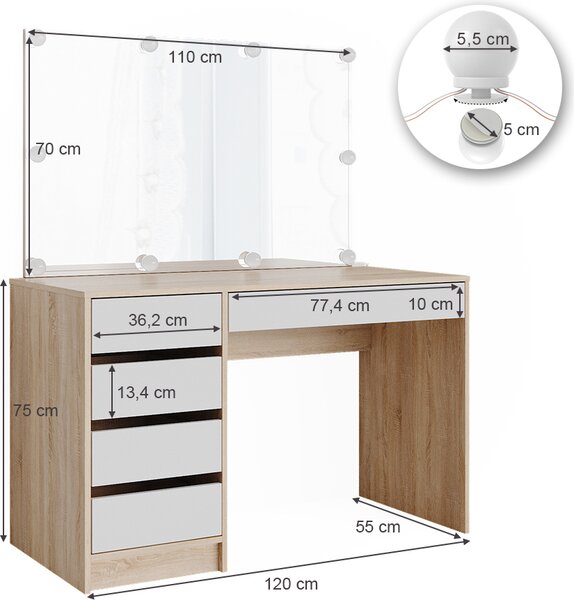 Toaletní stolek Vicco Sherry Bílá/Sonoma 120 cm s osvětlením LED, Model 36884